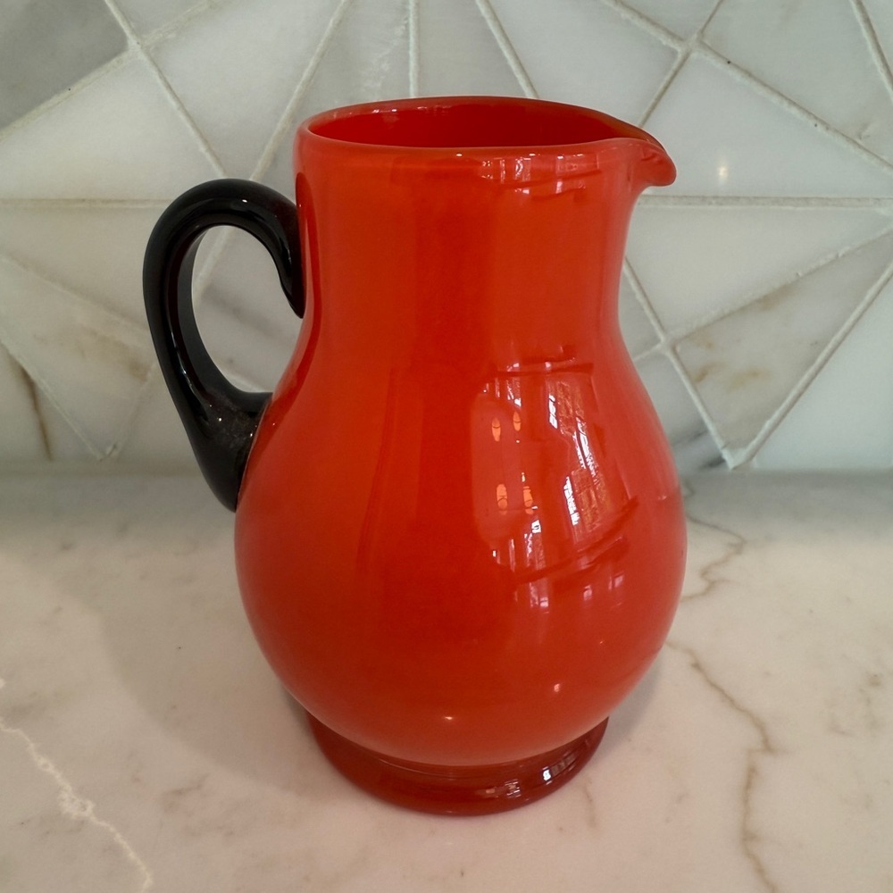 Antique Loetz Red Tango glass pitcher with black handle
